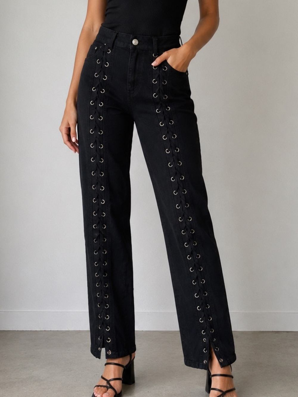Mitzi Michel Black Lace-Up Corset Detail Skinny Pants Women’s Size 11 Y2K